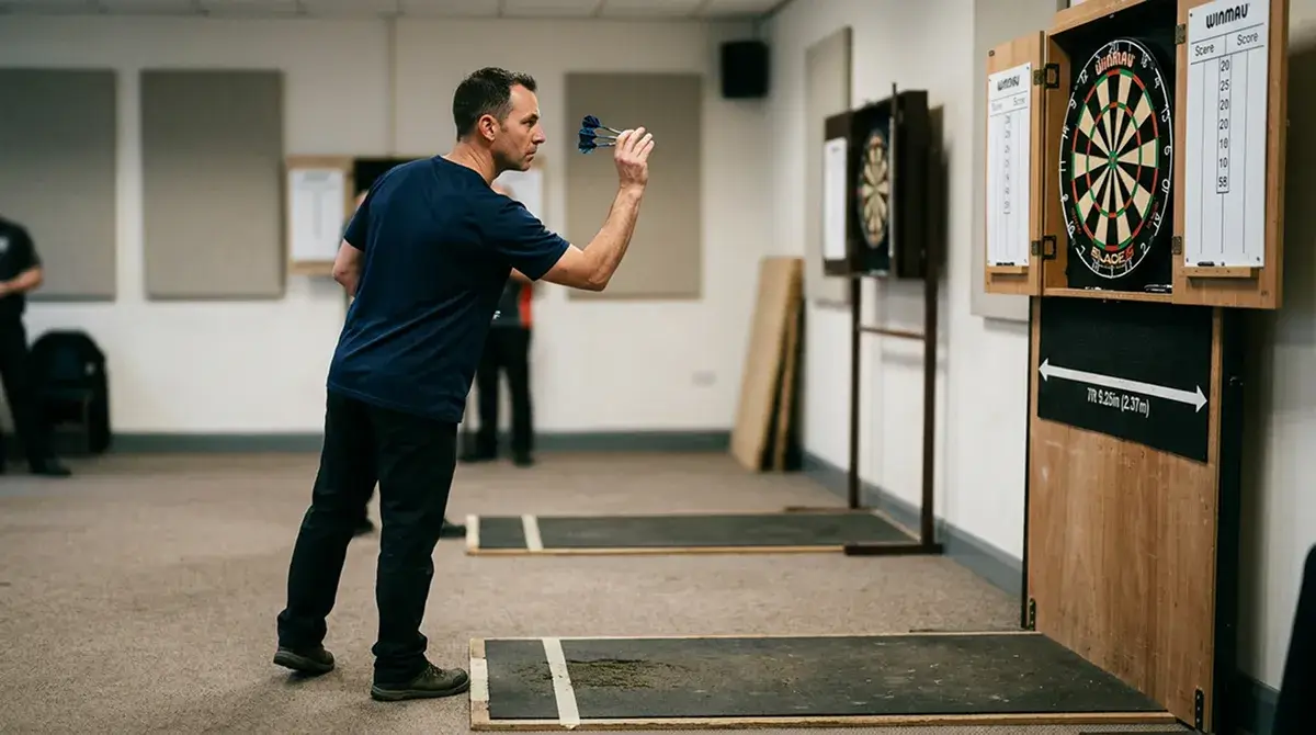 Darts-Spieler am Oche mit konzentriertem Blick auf das Doppelfeld