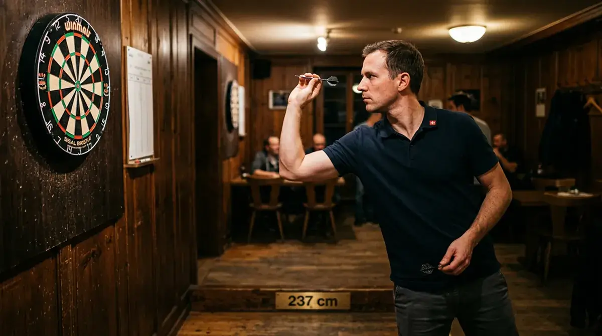 Schweizer Dartspieler in fokussierter Wurfhaltung vor Dartscheibe in einem Vereinsraum
