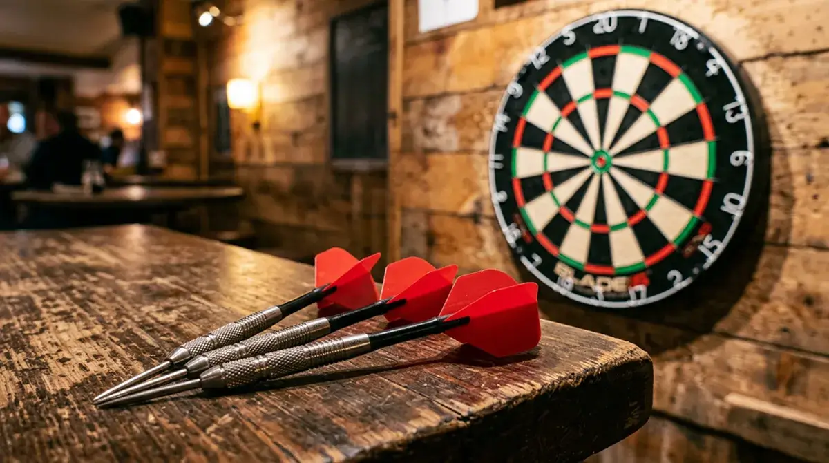 Set aus drei Steeldarts mit roten Flights neben einer Sisal-Dartscheibe in heller Spielhalle