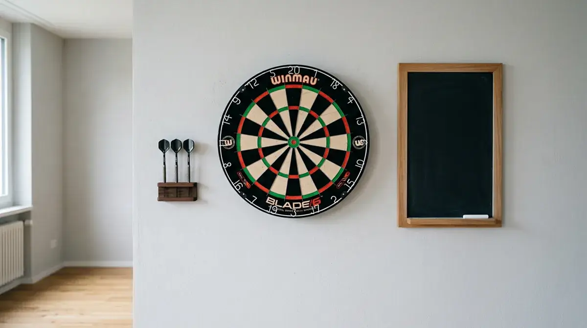 Dartscheibe in einer ruhigen Schweizer Sport-Umgebung mit aufgehängten Profi-Pfeilen
