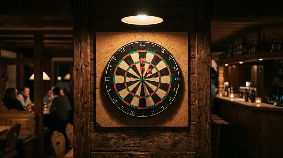 Dartscheibe an einer Holzwand in einer traditionellen Schweizer Gaststube bei warmem Abendlicht