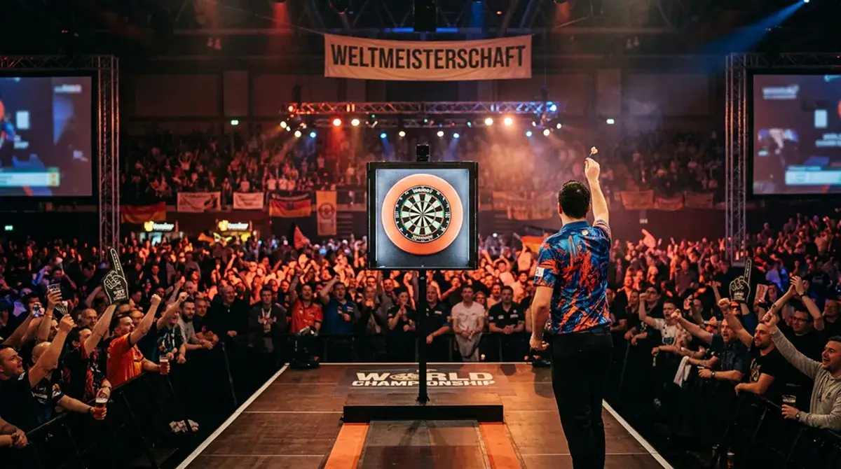 PDC Darts WM Bühne am Alexandra Palace mit Spieler an der Wurflinie und Publikum