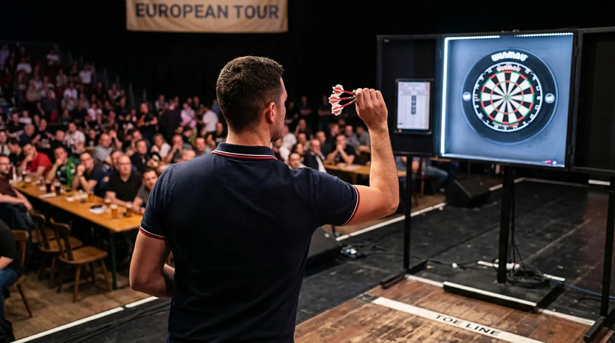 Schweizer Profi-Dartspieler an der Wurflinie während eines PDC-Pro-Tour-Events